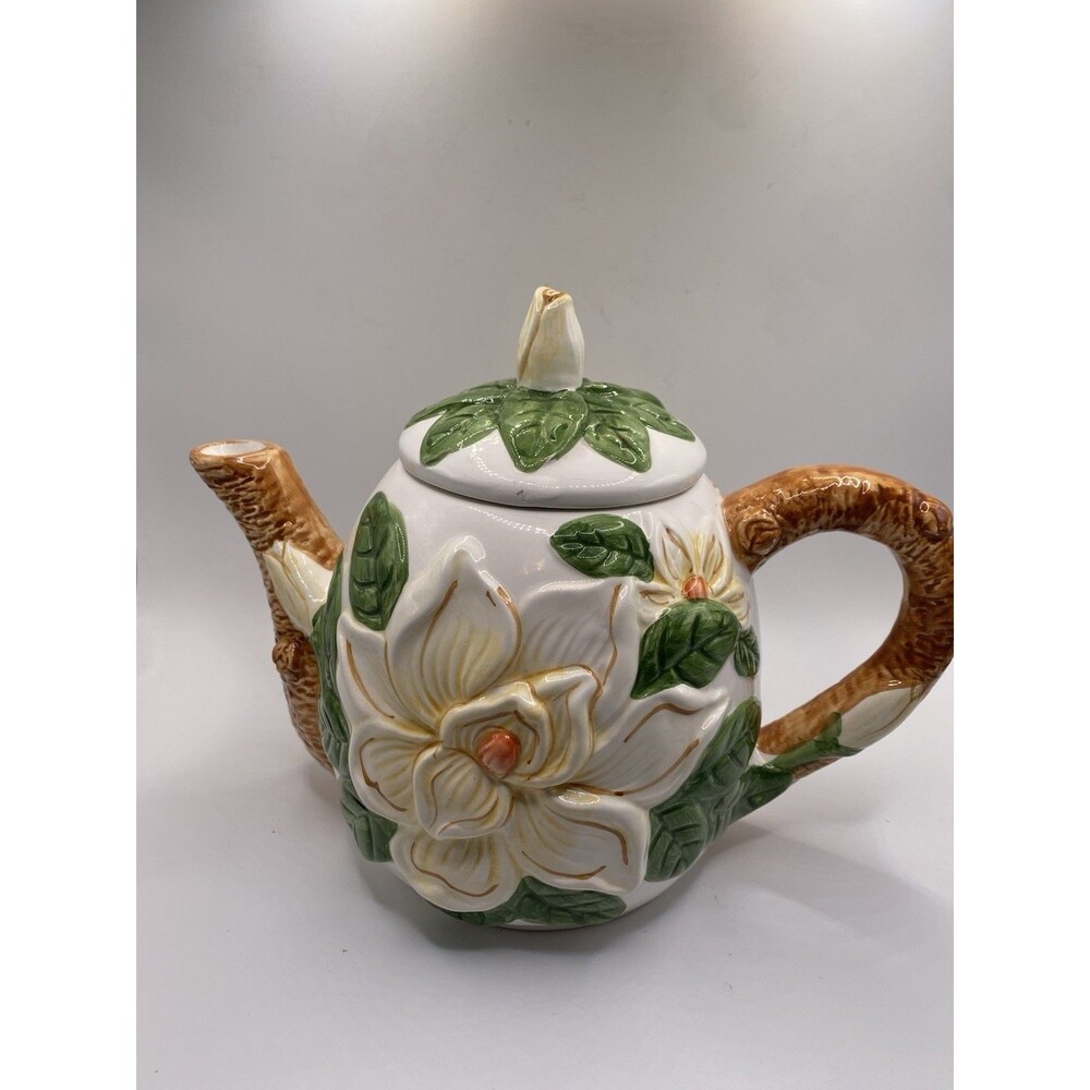 Vintage Asia Master Group Ceramic Magnolia Teapot 3D Floral Branch Handle Lid
